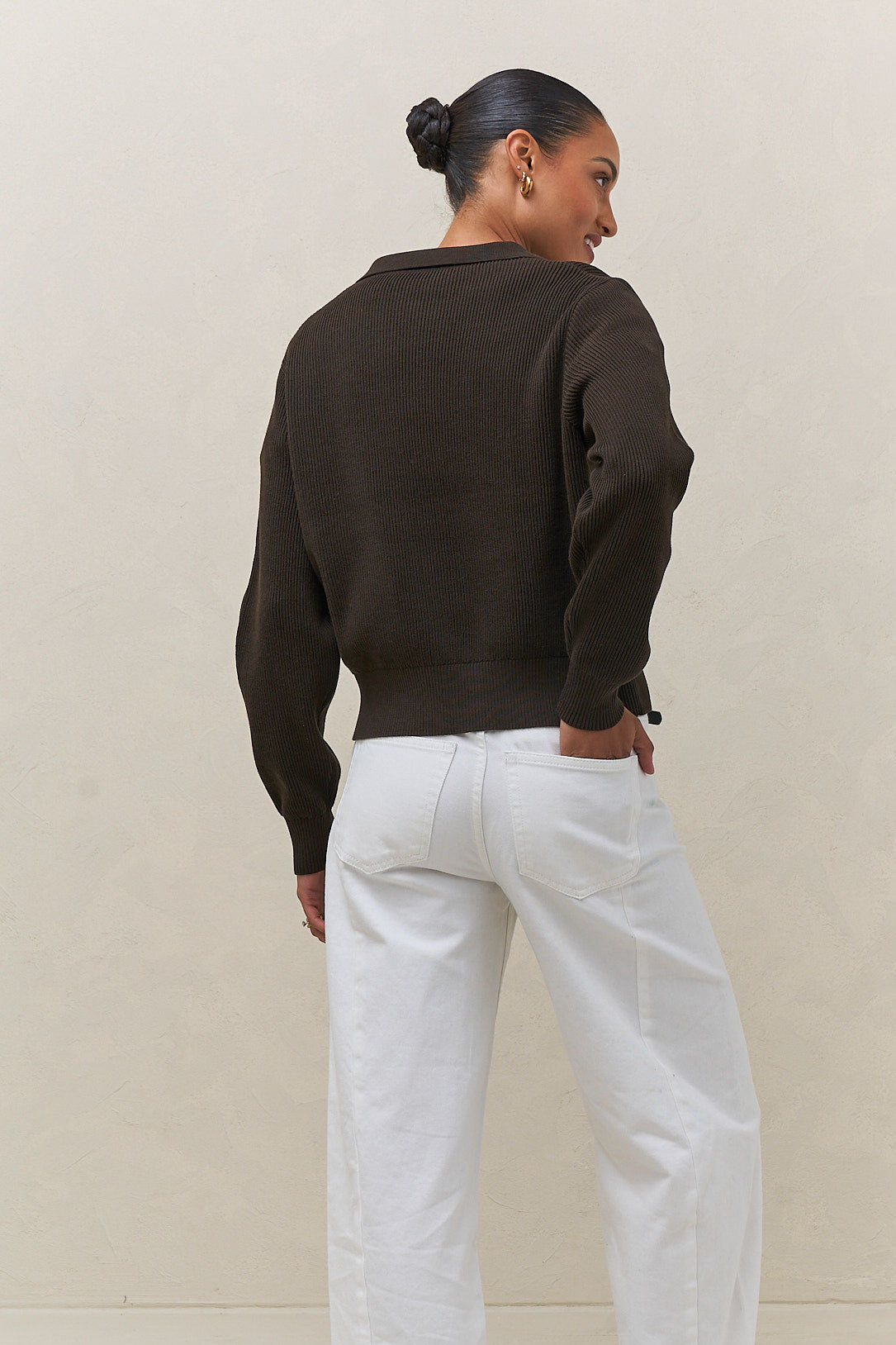 Cotton Knit Polo Jumper in dark brown cotton knit with a clean ribbed polo collar, perfect for relaxed layering.