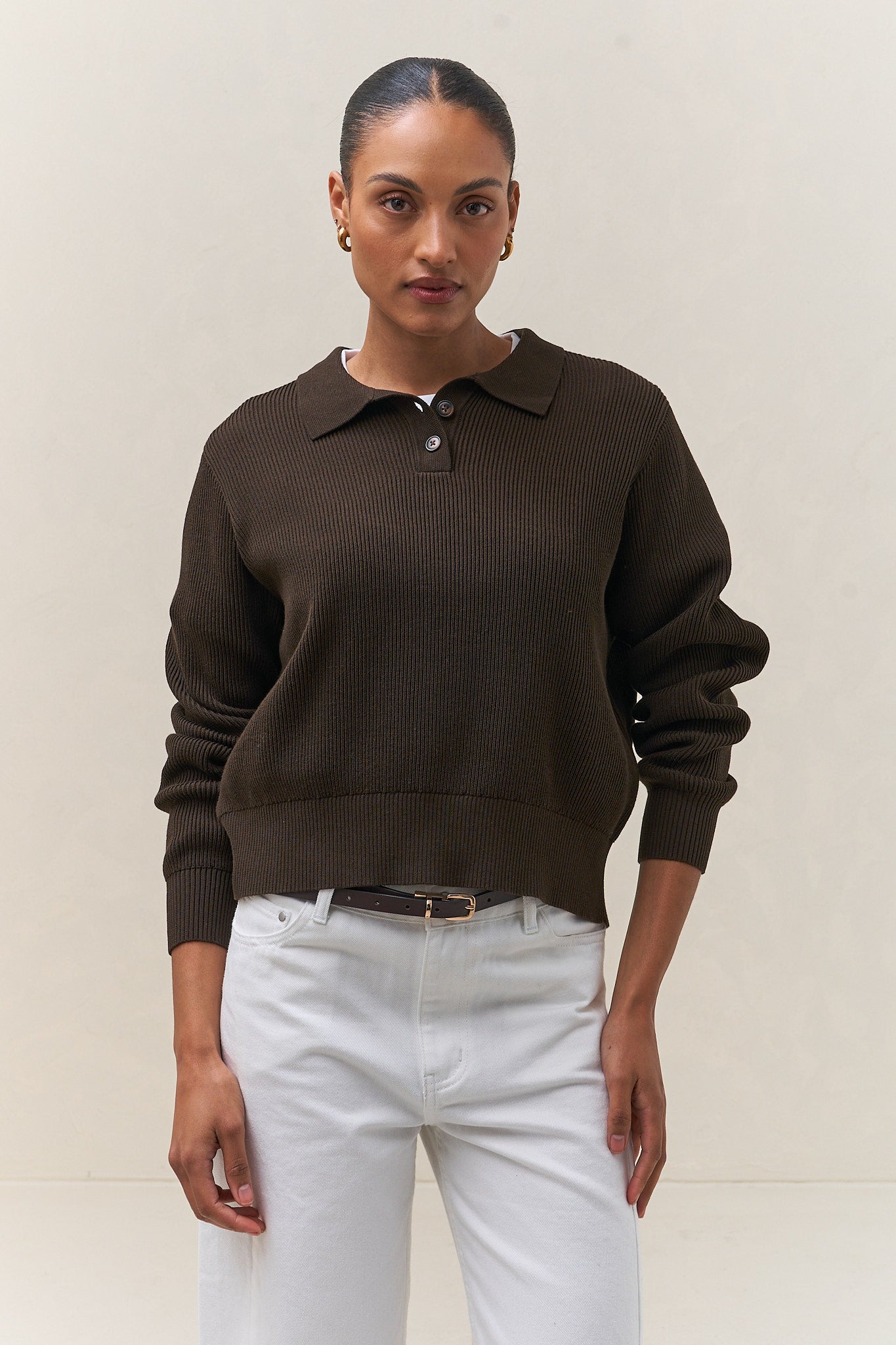 Cotton Knit Polo Jumper in dark brown cotton with a ribbed polo collar and button placket for a clean, polished look.