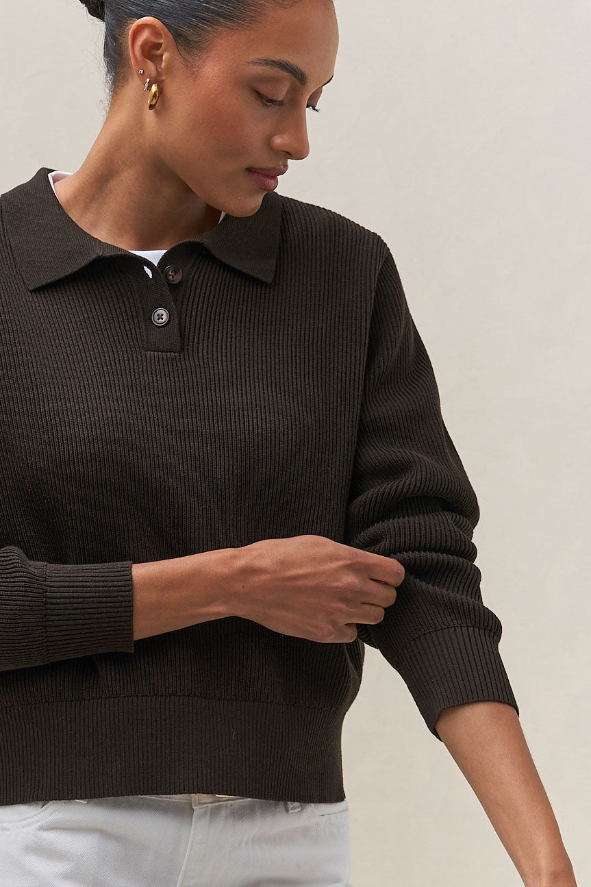 Cotton Knit Polo Jumper in deep brown cotton with a clean ribbed collar and relaxed fit for a laid-back vibe