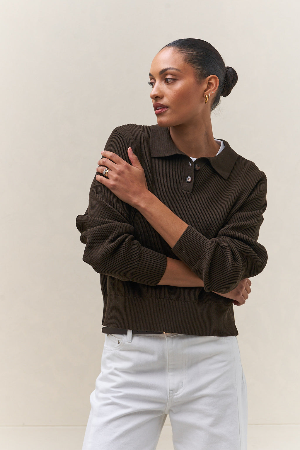 Cotton Knit Polo Jumper in dark brown cotton with a clean ribbed polo collar, relaxed fit for a laid-back look.